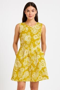 Boden Yellow Floral Paisley Cotton Fit & Flare sleeveless summer Dress Size 8P